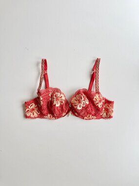 LEJABY Red Orange Yellow Floral Lace Seashell Charm Demi Bra, Size 34C
